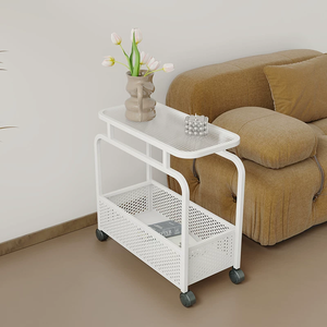 <span class=keywords><strong>Mesita</strong></span> de noche color crema <span class=keywords><strong>con</strong></span> estructura de hierro minimalista y moderna. Ruedas ultrafinas para mesa auxiliar móvil. Armario de almacenamiento. - Product Image 2