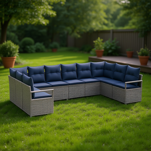 ชุดโซฟาหวายเทียมสีเทาสำหรับสวน พร้อมเบาะรองนั่ง 10 ที่นั่ง เฟอร์นิเจอร์กลางแจ้ง ดีไซน์ร่วมสมัย - Product Image 2