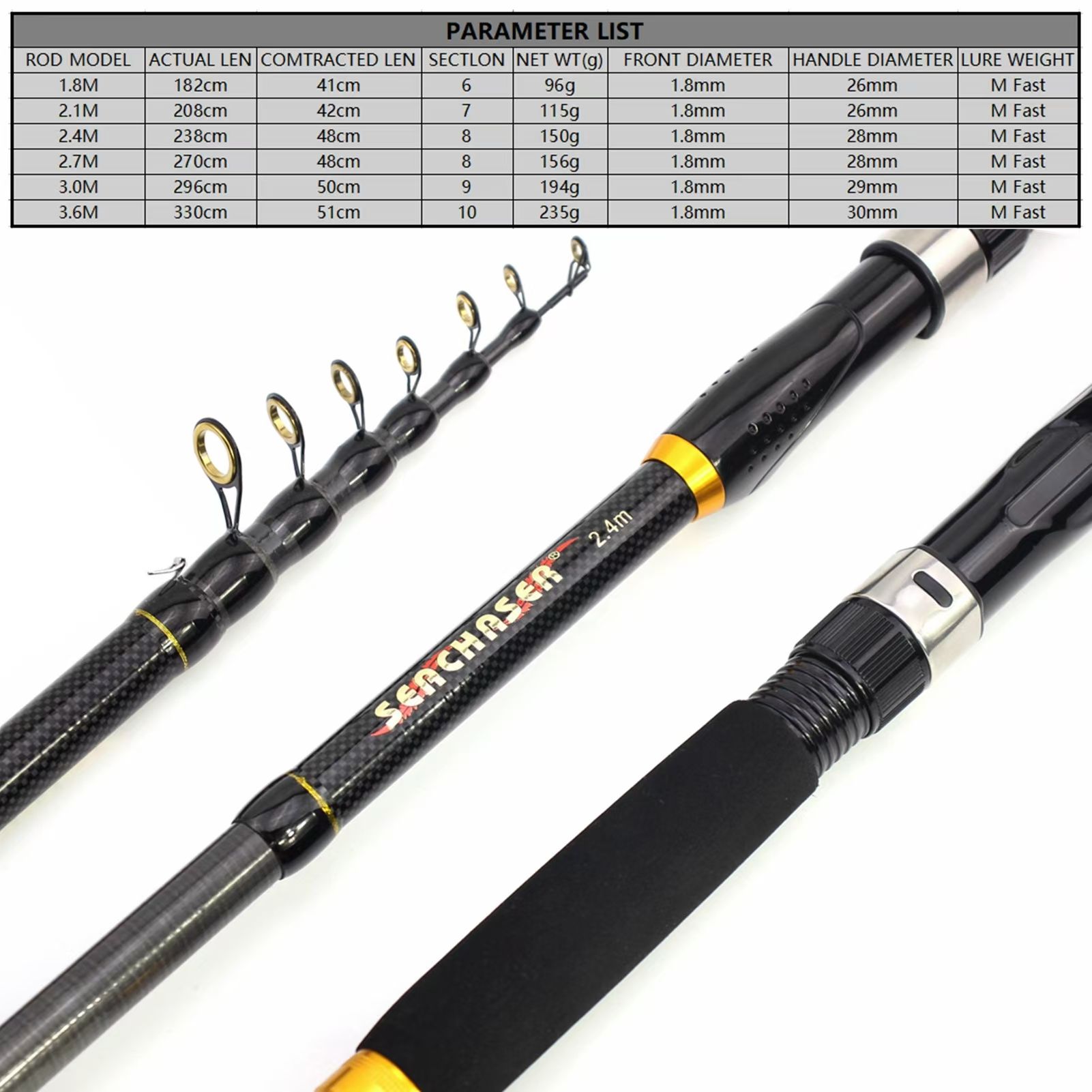 Ultra Light Hard Carbon 10Ft Carp Rod Telescopic Fiberglass