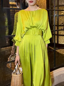 Vestido largo <span class=keywords><strong>de</strong></span> satén <span class=keywords><strong>verde</strong></span> <span class=keywords><strong>de</strong></span> tendencia para <span class=keywords><strong>mujer</strong></span>, vestido elegante informal <span class=keywords><strong>de</strong></span> verano con media manga farol para <span class=keywords><strong>mujer</strong></span> - Product Image 2