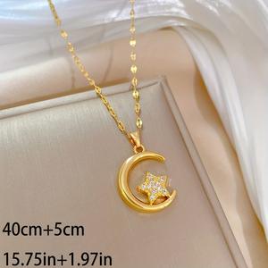 Collana con Ciondolo Luna e Stella in Acciaio Inossidabile Placcato Oro, Nuovo Stile 2026, con Strass, <span class=keywords><strong>per</strong></span> Ragazza - Product Image 6
