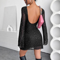 Nouvelle Robe Longue Élégante Noire en Maille à Paillettes et Dos Nu pour Femme, Coupe Ajustée, Manches Longues 2026
