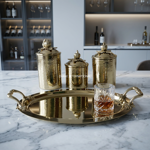 Stainless Steel Gold <b>Canisters</b> Gift <b>Set</b> Luxury Handcrafted Serving Tray Cylinder Shape Modern Kitchens Food Storage Containers - Product Image 1