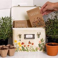 Organisateur de graines en étain de fleurs sauvages boîte de rangement fournitures de jardin pour accessoires de serre de jardinage avec loquets et fenêtre de carte de visite