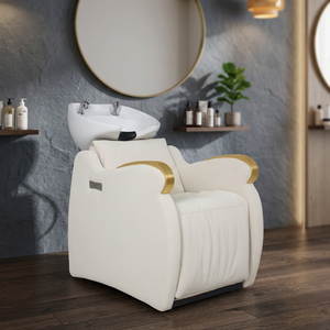 Fauteuil de lavage semi-inclinable moderne pour salon, lit de lavage blanc rembourré, station de lavage de cheveux, mobilier de spa - Product Image 1