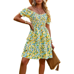 Vestido Corto Informal de Verano con Estampado Floral, Cintura Imperio, Hombros Descubiertos, Estilo Línea A, Hecho a Mano - Product Image 4