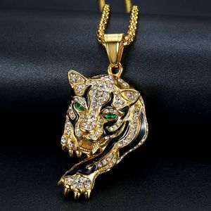 Gold Plated Leopard Head Pendant <b>Necklace</b> With Diamond Pave Setting <b>For</b> <b>Men</b> Party Jewelry Stainless Steel Animal Zodiac Design - Product Image 1