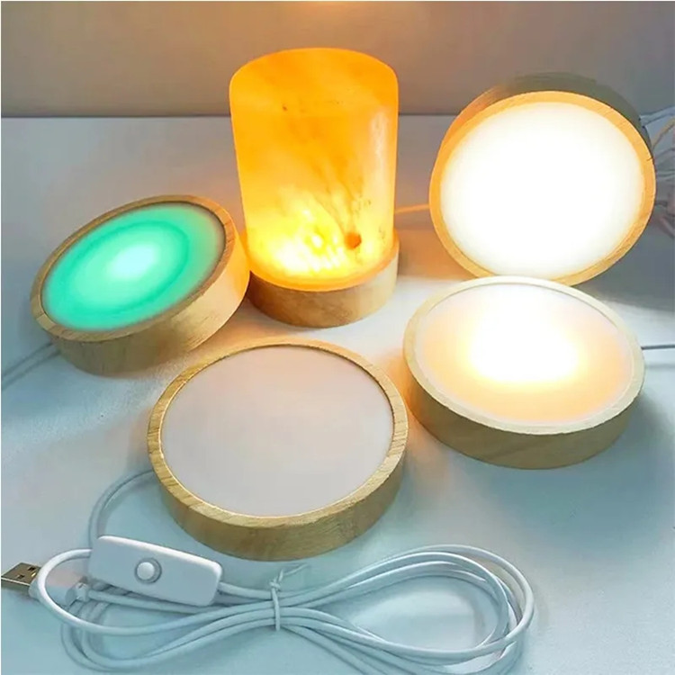 Base d'affichage LED En Bois, 3 Pièces Socle Lumineux LED avec USB, Socle Lumineux LED Bois