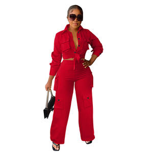 Nouveauté femmes 2 pièces haut court <span class=keywords><strong>Cargo</strong></span> pantalon à jambes larges ensemble de jogging poche vierge tenue deux pièces ensembles vêtements pour femmes automne 2023 - Product Image 3