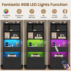 <b>Tall</b> Nightstand with Charging Station and LED Lights, Large Black Night Stand Bookshelf, Modern Bedside <b>Table</b> Shelves - Product Image 2