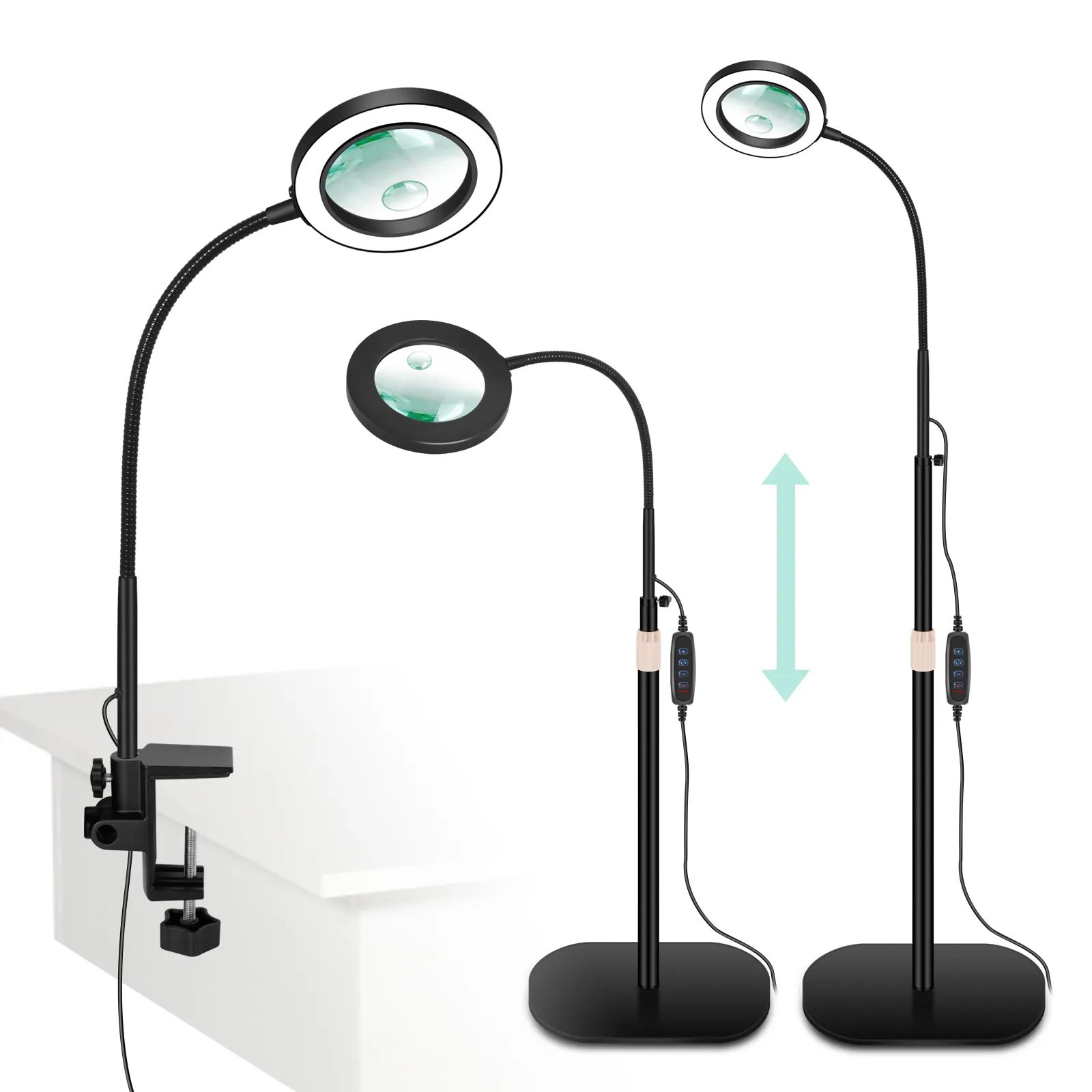Floor Mounted Desk Lamp Magnifying Glass Lamp with 3 Color LED Light 5X/10X Magnifying Lens for Reading Work Home Office