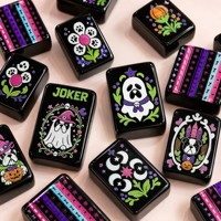 Ensemble de Mahjong Américain Premium pour Halloween, Thème Bouledogue, Tuiles Noires Brillantes, Illustrations Colorées du Joker pour Soirée de Jeu en Famille