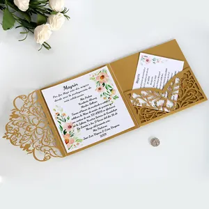 Tarjeta de invitación de boda plegable de bolsillo con corte láser rosa, diseño elegante, 15x15cm, ceremonia de compromiso