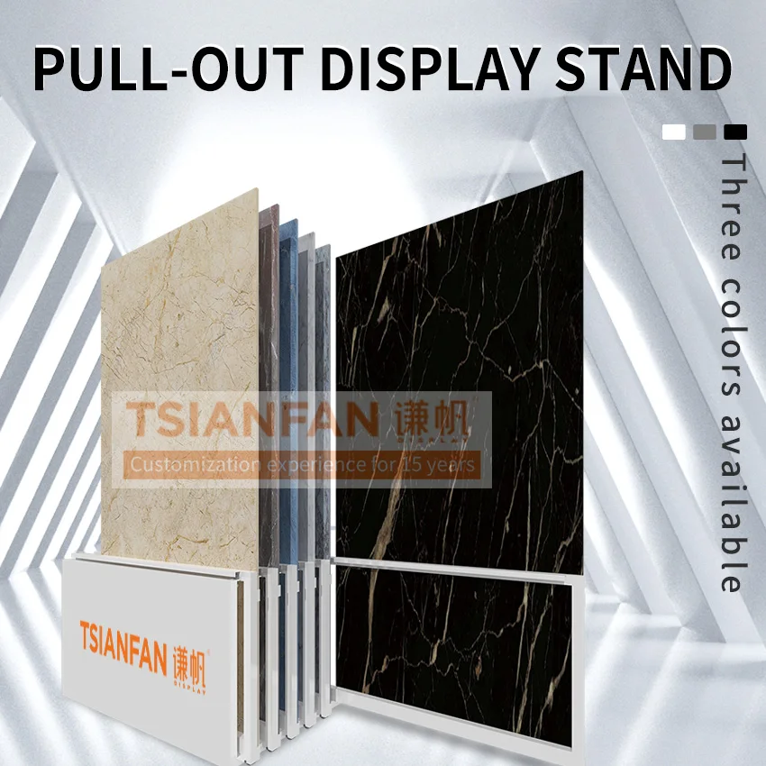 Slab Shelf Sample Rack Custom Pull-out Floor Tile Display Stand Tsianfan Sliding Marble Granite Display Showroom Sintered Stone