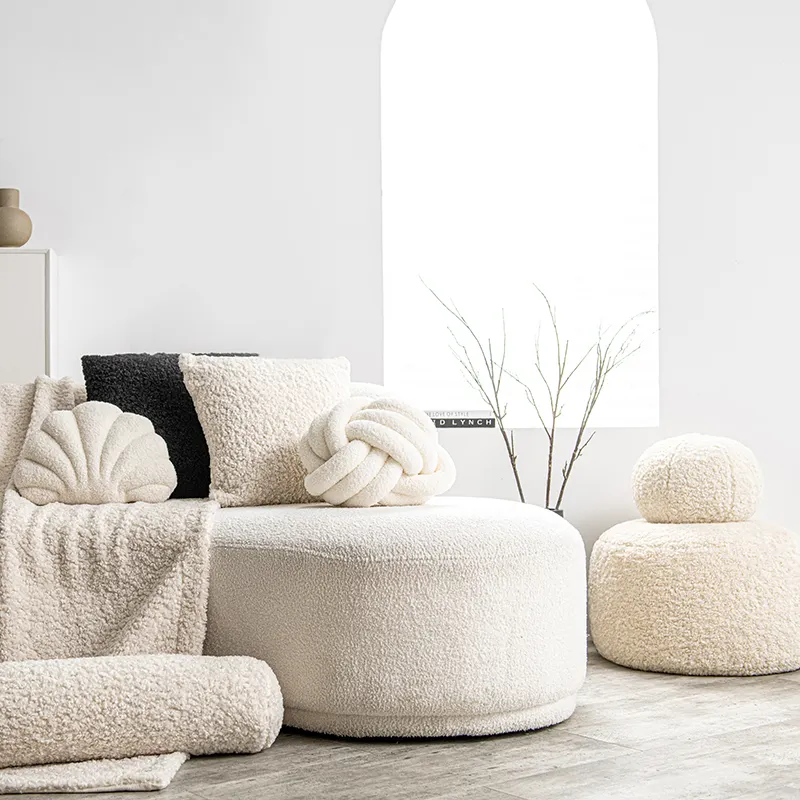 Monad Quality Decorative Faux Teddy Fur Pouf Boucle Knot Cushions Custom Shaped Shell Ball Pillows For Home Sofa Decor