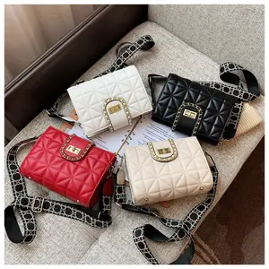 Novel Style Lady Designer Bags Golden Turn -Lock Lattice Cross Body Purse For Women Wide Strap Pure Color Flap Zipper Messenger