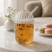 Vaso de Vidrio Borosilicato Resistente al Calor de 400 ml, con Tapa Abovedada Acanalada y Pajita, para Café Helado, Jugo, Leche, Té, Hecho a Mano, Reutilizable, para Niños