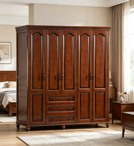 Armario Extra Grande de Madera Maciza con 6 Puertas y 3 Cajones, Armario de Dormitorio Retro de Nogal para Ropa - Product Image 1