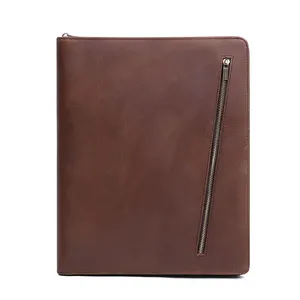 Custom Logo A4 PU Leather Presentation File Folder Document Bag Zipper Portfolio Folder