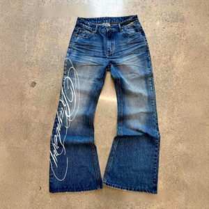 <span class=keywords><strong>Jeans</strong></span> <span class=keywords><strong>Uomo</strong></span> Svasati Vintage Distressed Blu con Stampa Effetto Sbiadito Oversize a Zampa d'Elefante - Produzione Personalizzata - Product Image 1