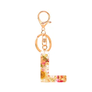 Initiales lettre pendentif porte-clés résine porte-clés femmes mignon voiture acrylique paillettes séchées fleur Alphabet porte-clés porte-breloque sac