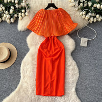 Robe midi décontractée élégante pour femmes WIWT, orange, plissée, col à volants, décoration florale 3D, pour les fêtes, le quotidien, robes décontractées