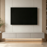 Meuble TV flottant moderne avec coiffeuse intégrée, ensemble meuble TV mural gris clair avec éclairage LED