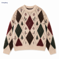 Pull de Noël pour homme, unisexe, en tricot intarsia à motif losanges, sapins, flocons de neige et houx, à manches longues et col rond, pour l'hiver