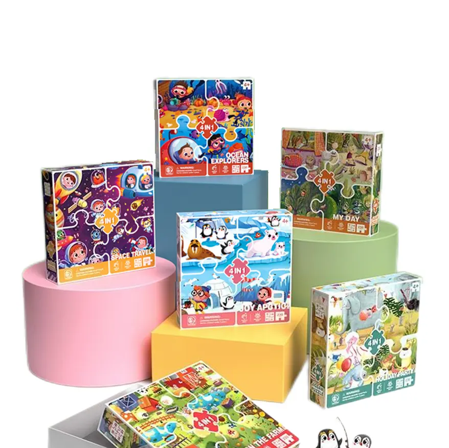 직소 퍼즐 100 조각 4 in 1 종이 직소 퍼즐 책 재미있는 여행 게임 유아를위한 유치원 교육 학습 장난감