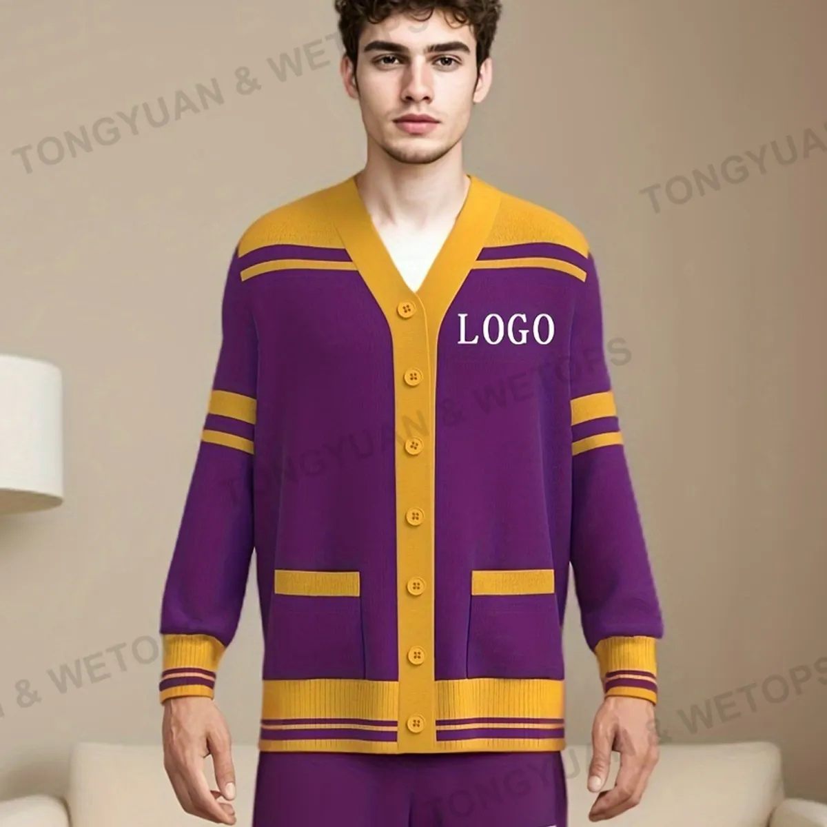 BSCI Custom Men Cardigan Royal Purple Old Gold Striped Winter Embossed Pattern Greek Sorority Knitted V-Neck Cardigan Sweater