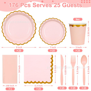 Ensemble de 176 Assiettes en Papier Bordées Or Rose, Fournitures de Fête, Couverts, Serviettes, Gobelets pour Anniversaires - Product Image 2