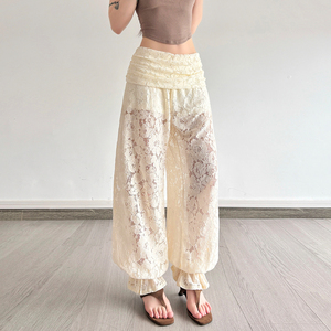 Pantalones de punto para mujer, semitransparentes, con encaje, cintura plegable, estilo vintage, jogger, tipo paracaídas - Product Image 3