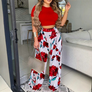 Ensemble pantalon décontracté imprimé pour femme, haut à manches courtes, pantalon large à motif floral, tailles S M L XL 2XL 3XL, style européen et américain - Product Image 4