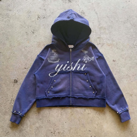Sudadera con capucha vintage unisex de manga larga con cremallera, estilo Y2K, informal, para venta al por mayor, OEM, con estampado gráfico de diamantes de imitación personalizado