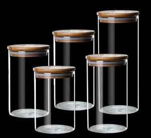 Venta al por Mayor de Frascos Redondos de Vidrio Borosilicato de 500 ml, Recipientes para Almacenamiento de Alimentos de Cocina con Tapa Hermética de Madera - Product Image 1