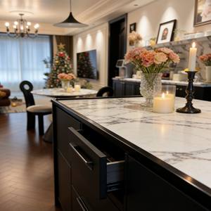 High-End Black Dining <b>Sideboard</b> - <b>Glass</b>-Front Cabinet & LED Lighting, Marble Backsplash + Bar Hub for Modern Luxury Homes - Product Image 4