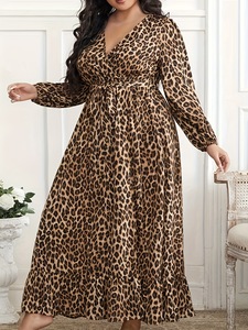 Long Sleeve V Neck <strong>Plus</strong> <strong>Size</strong> Women Dress European and American Fashion Trend Leopard Print Slit Long Sleeve Dress for Women - Product Image 1