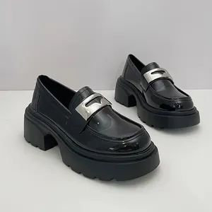 Sepatu pantofel sol tebal kulit asli Matte hitam kustom sepatu kulit kecil hitam serbaguna wanita baru