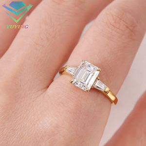 14k solid yellow gold three stone emerald cut lab grown diamond engagement ring IGI certified for wedding band ring - Product Image 2