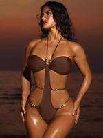 Nouveau Maillot de Bain Monokini Sexy pour Femme 2026, Col Halter, Découpes, Une Pièce avec Décoration Perles Dorées