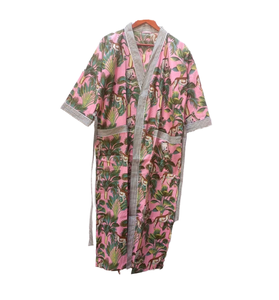 Bata estampada para mujer, manga corta, cuello en V, longitud completa, informal, de verano, de algodón tejido, con cierre de cordón, ropa de dormir suave - Product Image 1