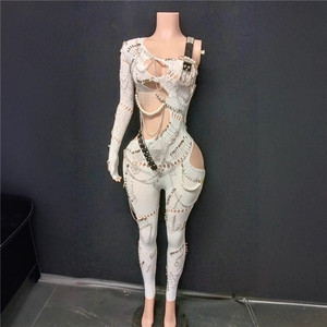 Combinaison sexy pour <span class=keywords><strong>femme</strong></span>, idéale pour les soirées en boîte de nuit, les bars, les spectacles sur scène, avec chaîne métallique scintillante, sans manches, découpes, style bodycon - Product Image 6