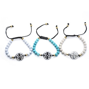 Pulseras de cuentas con cruz de plata tibetana, diseño geométrico azul, blanco y beige, joyería de regalo RB-241 - Product Image 3