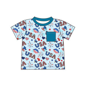 Ropa de bebé del Día DE LA Independencia personalizada al por mayor de fábrica, camisetas de bolsillo de manga corta de bambú orgánico para bebés, niñas y niños - Product Image 5