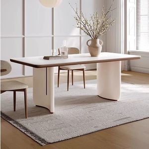 Cream Colored Slab Dining Table Rectangle Stable Solid Wood Modern Minimalist Design For Small Homes Light Luxury Style - Product Image 3
