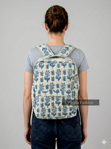 Sac à dos en coton matelassé imprimé à la main de haute qualité, motif floral ethnique indien, bohème, léger et portable pour le collège - Product Image 4