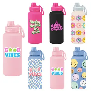 2024 New 1L Large Capacity Thermos Cup with Portable Handle Wide-Mouth Vacuum Sports Kettle Outdoor Printing Flask Shape Women