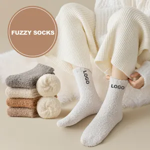 Custom Logo Socks Women's Thick Terry fuzzy Coral Soft Breathable Sleep Bed Sock floor Winter Indoor Warm Unisex Crew Socks