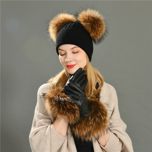 Wholesale <strong>Adult</strong> Real Raccoon Fur Sheepskin Fashion Design Leather <strong>Mitten</strong> Five Fingers Fox Fur Trim Fur Gloves - Product Image 2