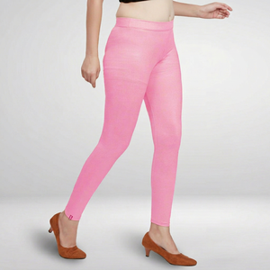 Leggings roses taille haute longueur intégrale en tricot extensible couleur unie pour femme – Vêtement basique toutes saisons - Product Image 1